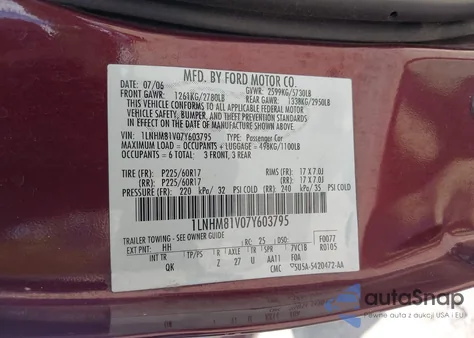 2007 Lincoln Town Car Signature from USA, damaged, VIN 1LNHM81V07Y603795